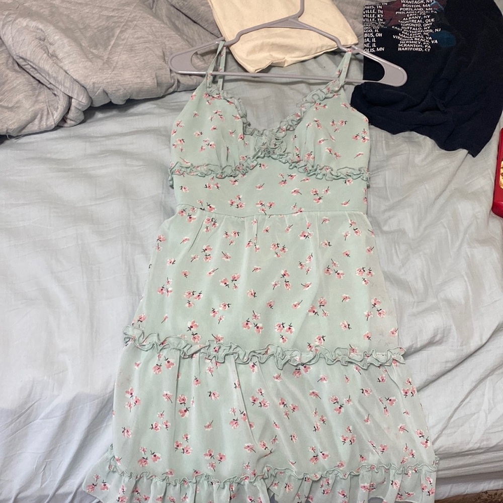 Dress, light blue with pink and white flowers